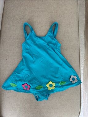 Florence Eiseman Turquoise Girls Swimdress with Floral Appliqués
